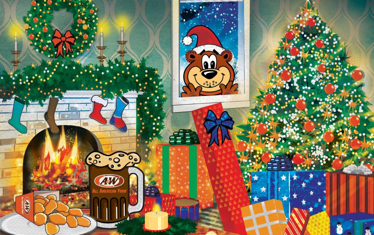 Rooty the Great Root Bear wearing a Santa hat, looking in house with Christmas tree, fireplace, presents, Root Beer, and Cheese Curds